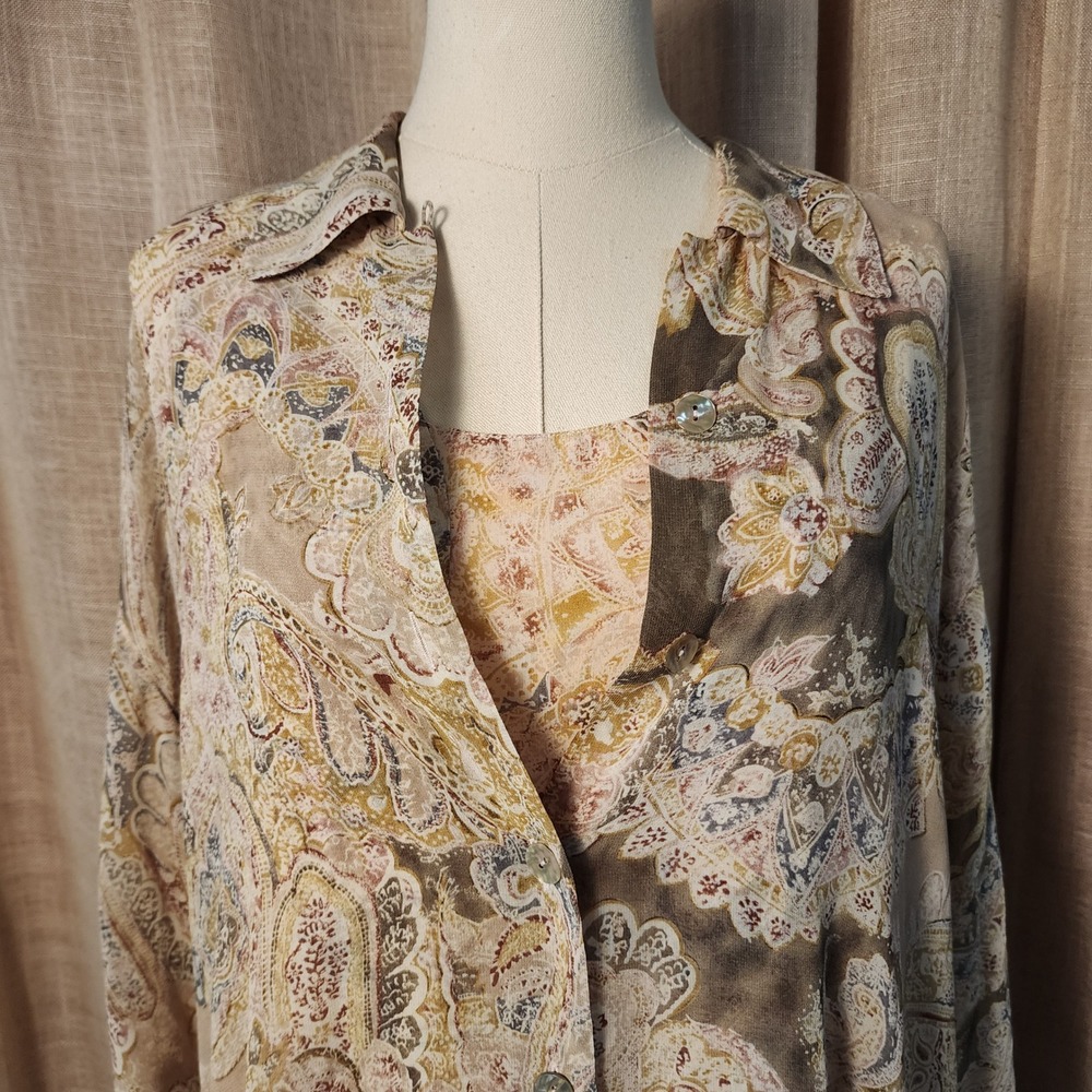 Dana Buchman 100% Silk 2 Piece Set Tunic and Tank Paisley Brown Tan Size 12